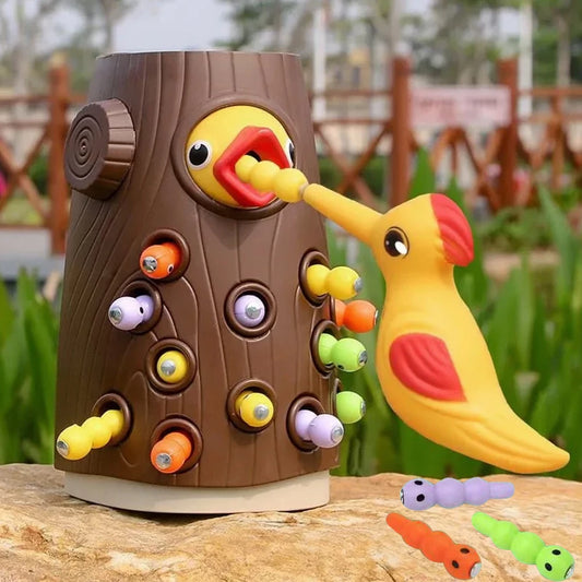 Montessori Baby Wooden Toys Magnetic Woodpecker Catch Worms