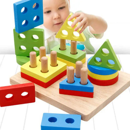 Kid playing wooden blocks.